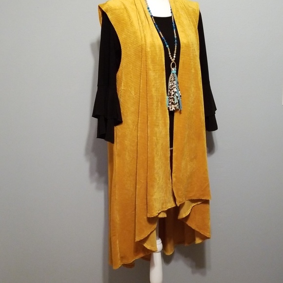 Plus Size Mustard Corduroy Long Hi/Lo Duster - Picture 3 of 7